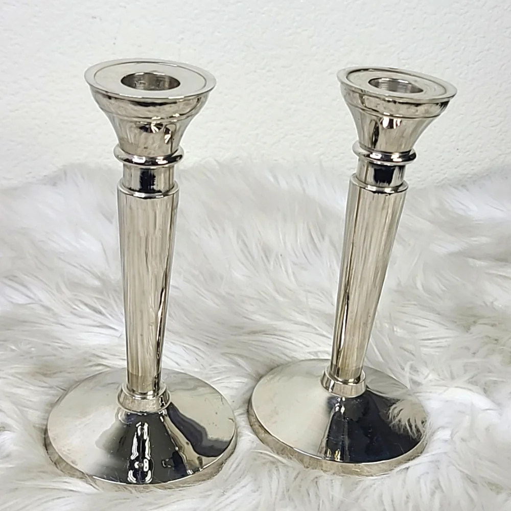 Candlesticks Set 2 Silver Tone Metal Modern Classic Design Home Decor Accent - Picture 3 of 4